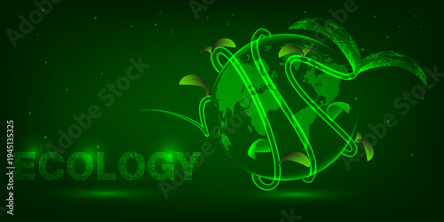 Vector illustration of ecology earth artwork and background.Plants growth and crawling around the green worlds.