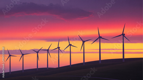 Silhouette of wind turbines at sunset, renewable energy landscape vector
