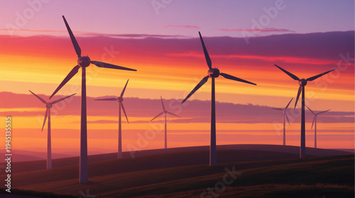 Vector illustration of wind turbines at sunset landscape