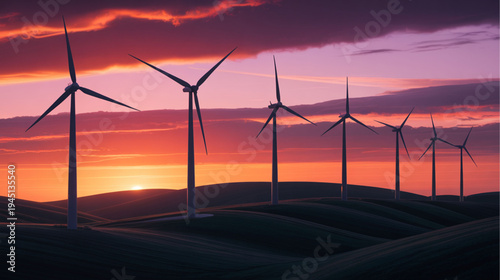 Vector illustration of wind turbines at sunset landscape