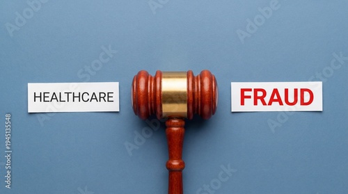 Healthcare fraud concept with gavel and labels on blue background