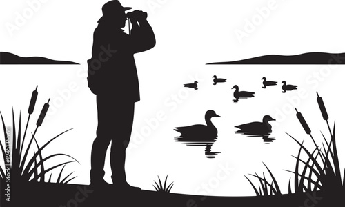 Man in silhouette taking of ducks on lake with cattails