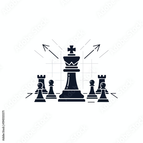 A king chess piece stands centered with pawns and rooks surrounding it