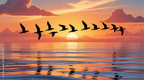 Vector flock of birds flying over water at sunset