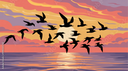 Vector illustration of 20 black birds flying over sunset sea