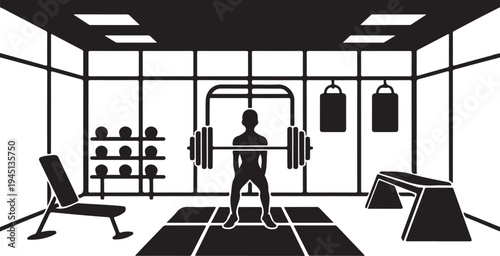 Man lifting weights in a gym with punching bags and dumbbells