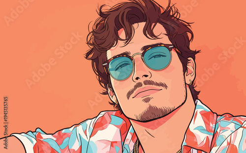 A young man with curly hair wears sunglasses and a bright shirt while having a carefree expression in front of a plain orange backdrop.