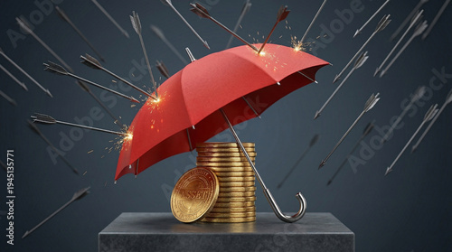 Red Umbrella Shielding Golden Coins from Oncoming Arrows A Metaphor for Financial Protection, Investment Security, and Robust Risk Management in Uncertain Economic Times