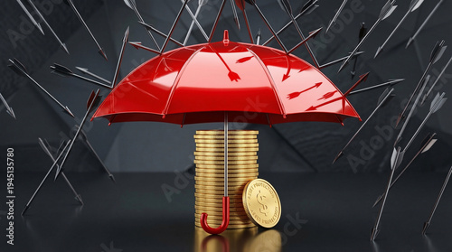 Red umbrella protecting stack of gold coins from arrows symbolizing financial security and investment protection