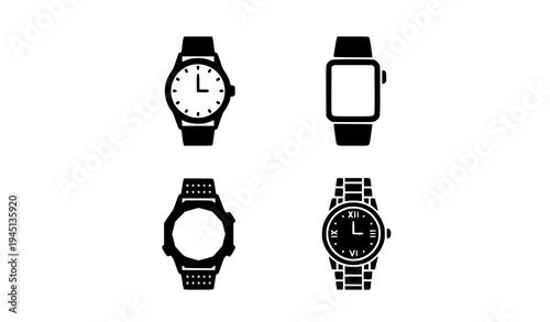 Four Wristwatch Silhouettes – Black and White Time Clock Vector Set