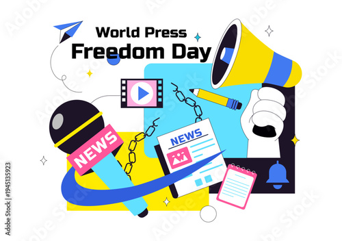 World Press Freedom Day Vector Illustration With Journalism Media, Microphone, Camera, Newspaper, And Free Speech Communication Background