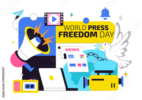 World Press Freedom Day Vector Illustration With Journalism Media, Microphone, Camera, Newspaper, And Free Speech Communication Background