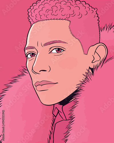A person stands in front of a pink background wearing a pink fur coat. Their hair is styled in tight curls.