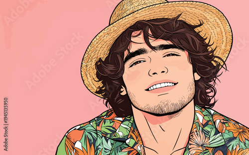 A young man smiles widely while wearing a straw hat and a colorful shirt. He seems happy and ready for summer fun.