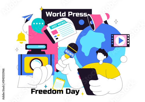 World Press Freedom Day Vector Illustration With Journalism Media, Microphone, Camera, Newspaper, And Free Speech Communication Background