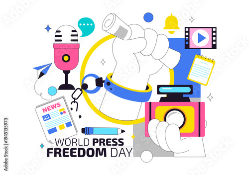 World Press Freedom Day Vector Illustration With Journalism Media, Microphone, Camera, Newspaper, And Free Speech Communication Background