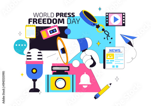 World Press Freedom Day Vector Illustration With Journalism Media, Microphone, Camera, Newspaper, And Free Speech Communication Background