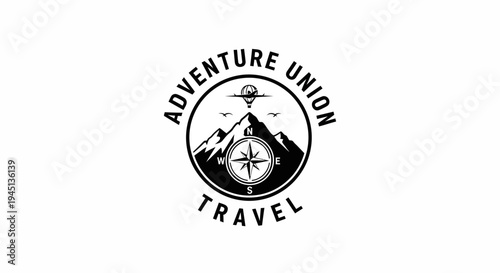 Adventure Union Travel Logo Badge with Mountains, Compass, and Hot Air Balloon