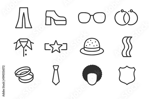 Disco Fashion Icons. Disco fashion elements. Line outline icon set of Disco fashion elements: flared pants,
