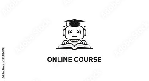 AI Robot Student with Graduation Cap Reading Book for Online Course Education
