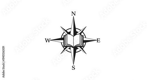 Compass Rose with Open Book Symbolizing Knowledge and Direction