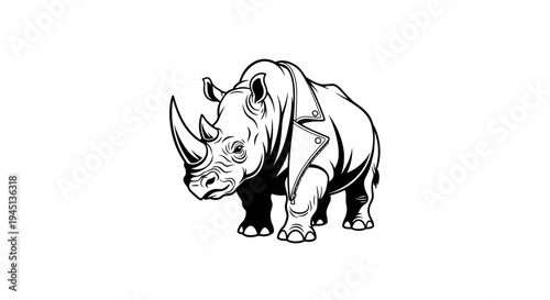 Cool Rhinoceros in Leather Jacket Black White Illustration