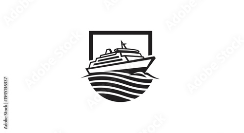 Cruise Ship Logo Icon with Waves and Shield Frame for Travel and Ocean Tourism