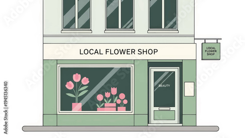 Local flower shop facade vector illustration. Minimalist flat design of a storefront exterior. Small business and local commerce concept