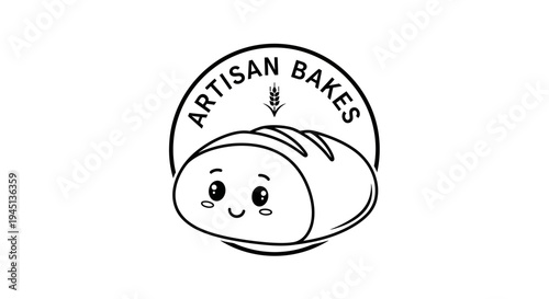 Cute Artisan Bakes Logo with Cartoon Bread Loaf Character and Wheat Symbol
