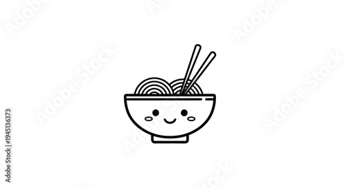 Cute Cartoon Ramen Noodle Bowl with Chopsticks Line Art Icon