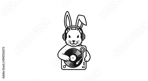 Cute DJ Bunny with Headphones and Turntable Music Illustration