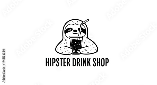 Cute Cartoon Sloth Drinking Beverage Logo for Hipster Drink Shop