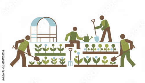 Community gardening and teamwork concept. Stylized people working in a garden with tools. Flat design vector illustration isolated on a white background