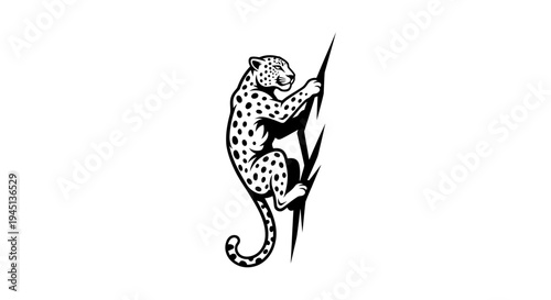 Elegant black and white leopard climbing tree branch illustration