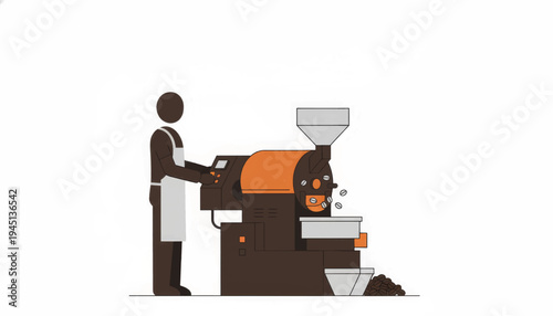 Barista operating a coffee roasting machine. Minimalist flat design vector illustration. Local craft coffee business and production concept