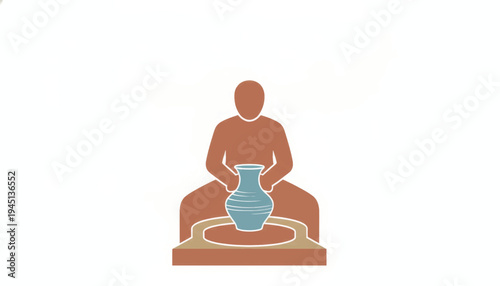 A minimalist illustration of a potter at a wheel. Flat design vector icon for artisan crafts and handmade ceramics. Local business and workshop symbol