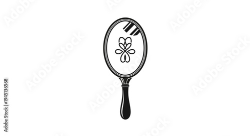 Elegant Hand Mirror with Heart Reflection Black and White Illustration
