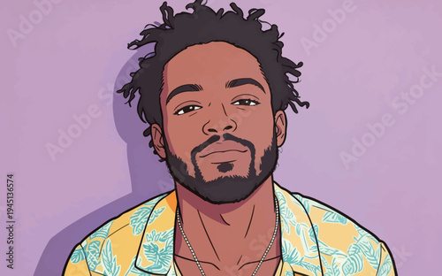 A man is looking directly at the viewer while wearing a floral shirt. The background is bright and colorful.