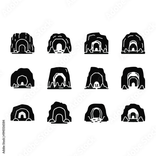 Collection of various cave entrance illustrations.