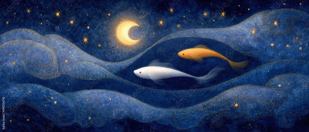 Fototapeta premium Dreamy watercolor illustration of two glowing fish swimming through a starry night sky with moon and cosmic waves, creating a magical fantasy scene.