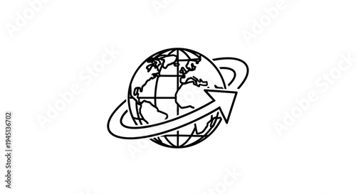 Global network arrow circling planet earth line art illustration