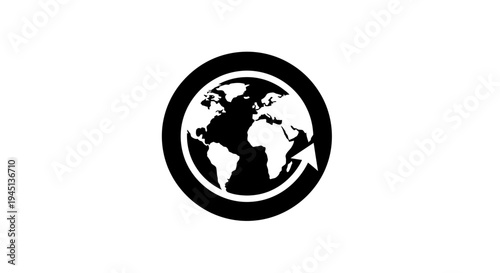 Global Connection Icon: Earth Map with Rotating Arrow Symbol