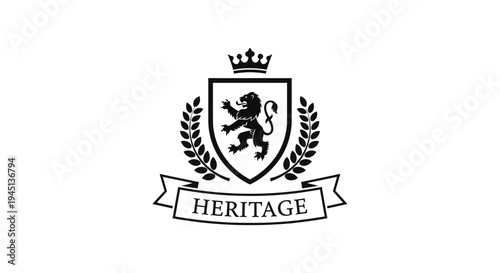 Heraldic Lion Crest with Crown and Laurel Wreaths on Banner for Heritage Concept