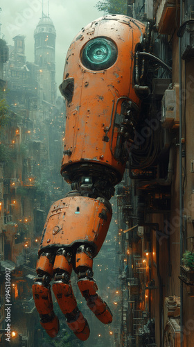 Create a aged machinery depiction of a robotic