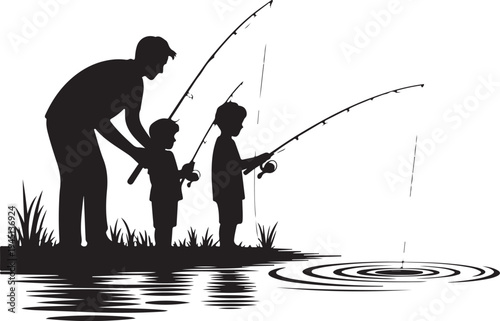 Silhouette of man and two boys fishing by water