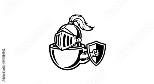 Medieval Knight Helmet and Shield Mascot Black and White Illustration