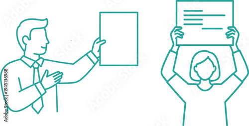 Silhouette of two people holding up papers in a comparison silhouette