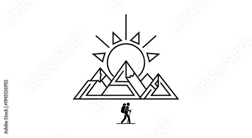 Minimalist Geometric Mountain Landscape with Hiker and Rising Sun Line Art