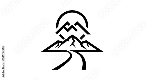 Minimalist Mountain and Road Logo Design with Sun Symbol