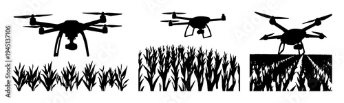 Drone set with solid black silhouette isolated on white background featuring ag-tech progress, crop spraying, smart agriculture with vector design and illustration